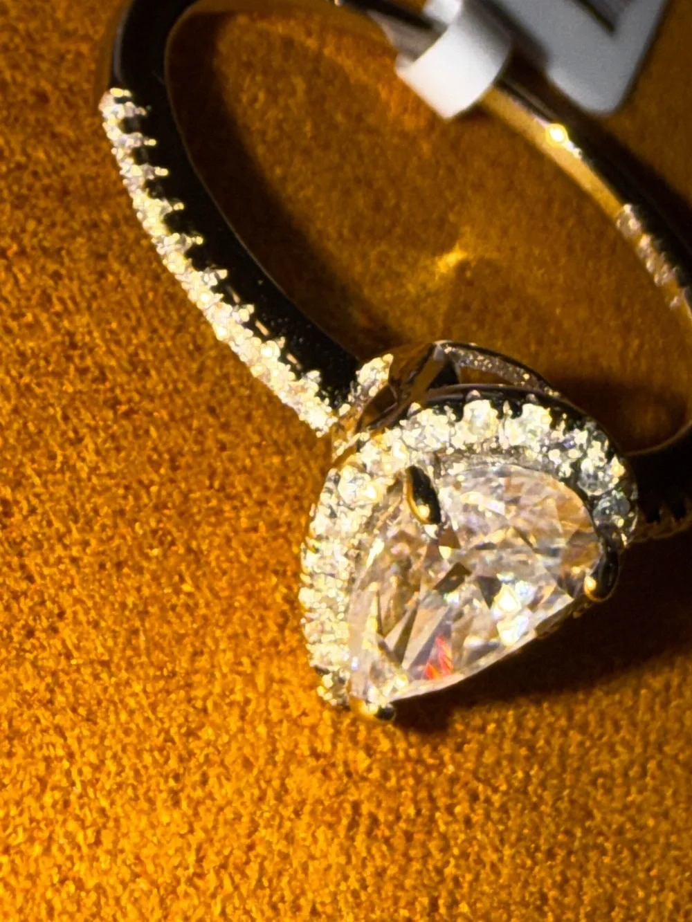 925 Sterling Gold Plated Pear-Shaped Halo Solitaire Ring with Moissanite Stone
